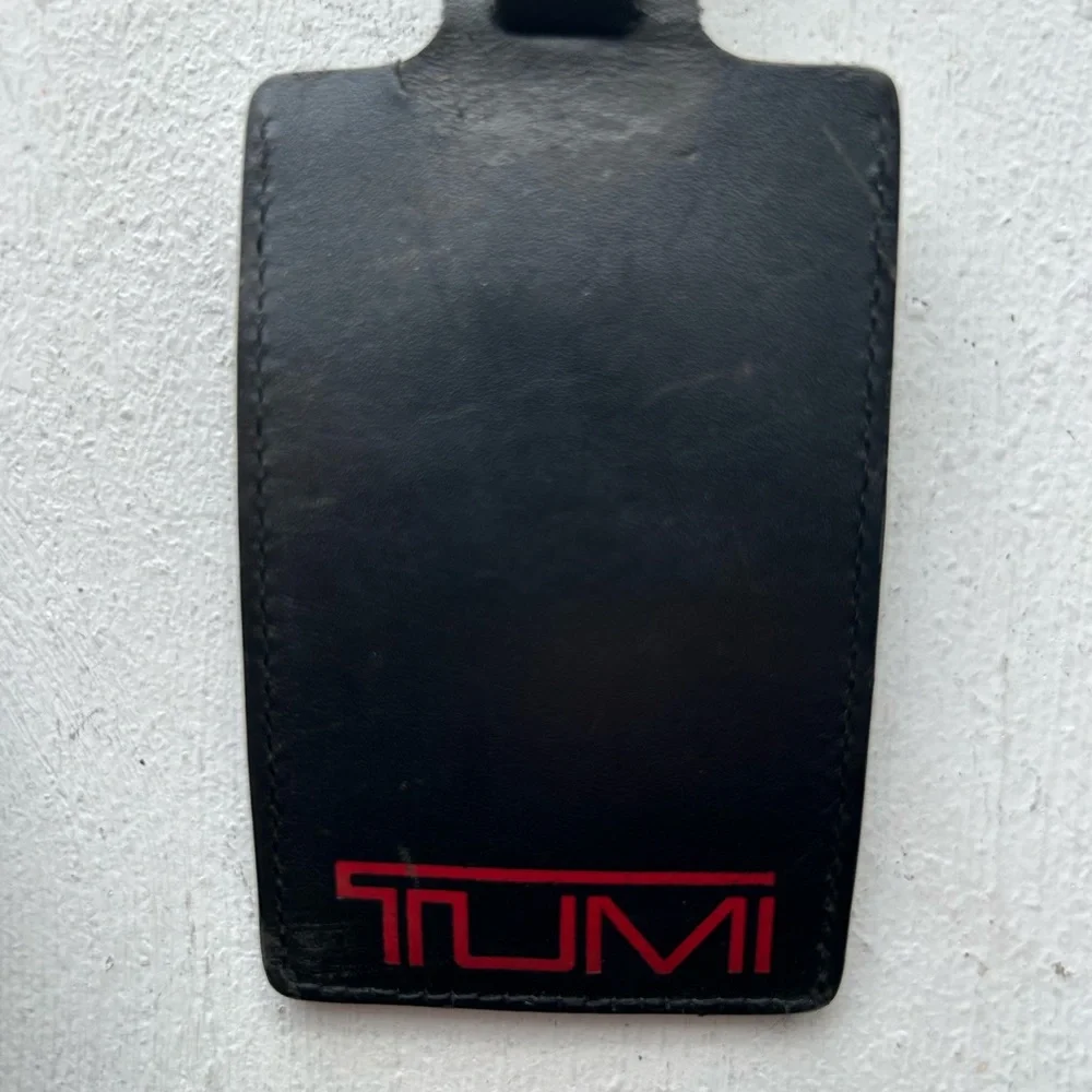 TUMI Tag Black and Red Leather Luggage Tag Identification Address Travel Holder